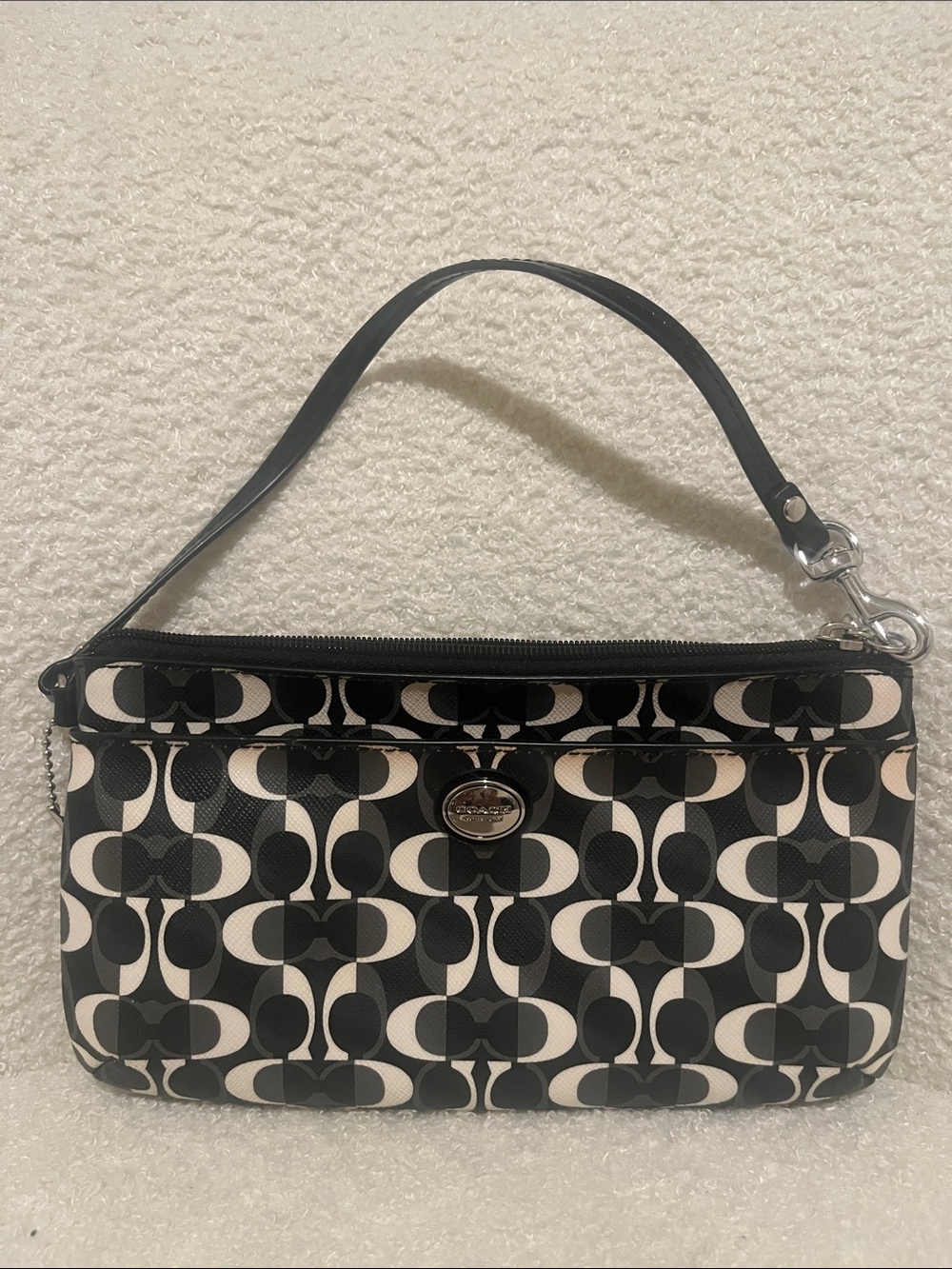 Coach Black and Cream Signature Logo Wristlet